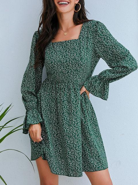 Floral Print Square Neckline Casual Dress