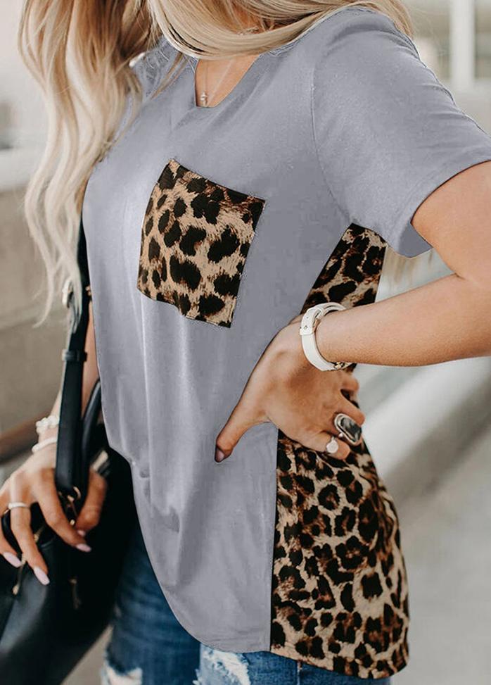 Leopard Printed Patchwork V Neck Short Sleeve T-shirt