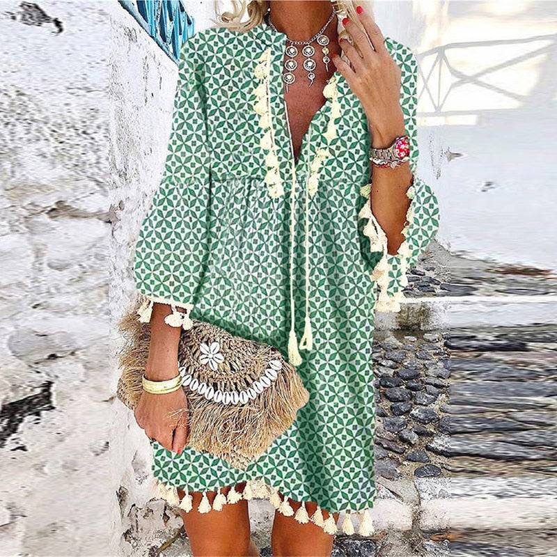 Tassel Beach V Neck Vintage Floral Print Dress