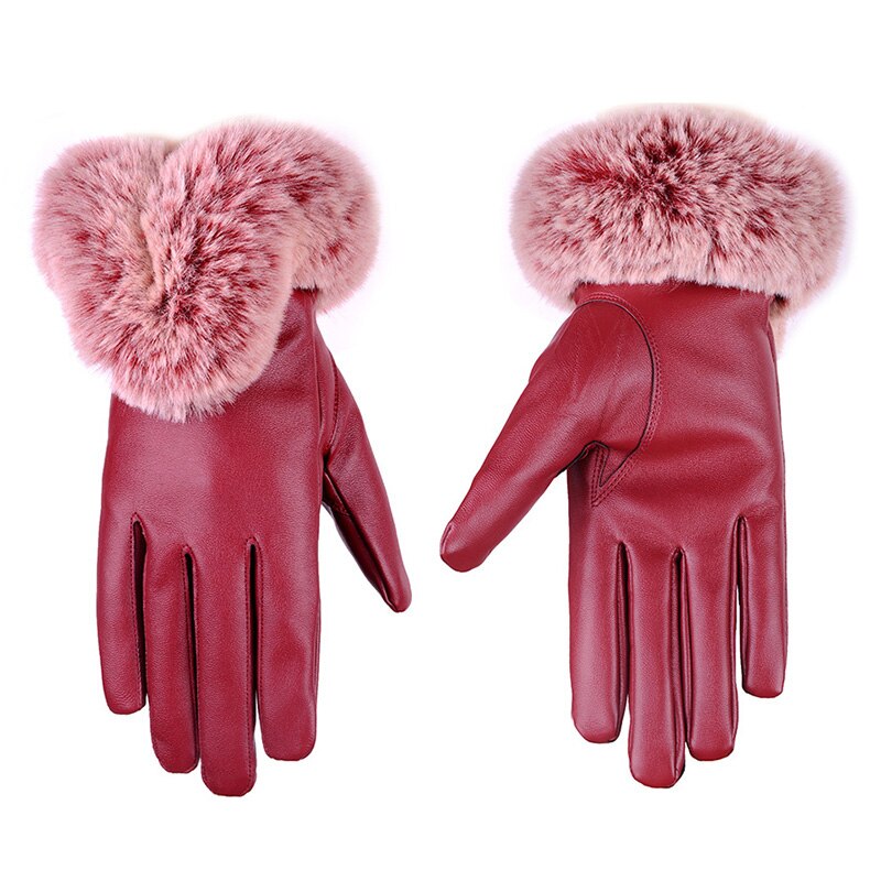 Female Faux Rabbit PU Leather Mittens Warm Gloves