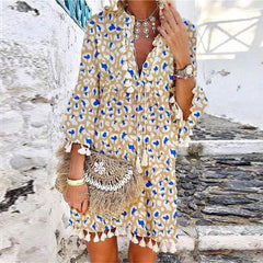 Tassel Beach V Neck Vintage Floral Print Dress