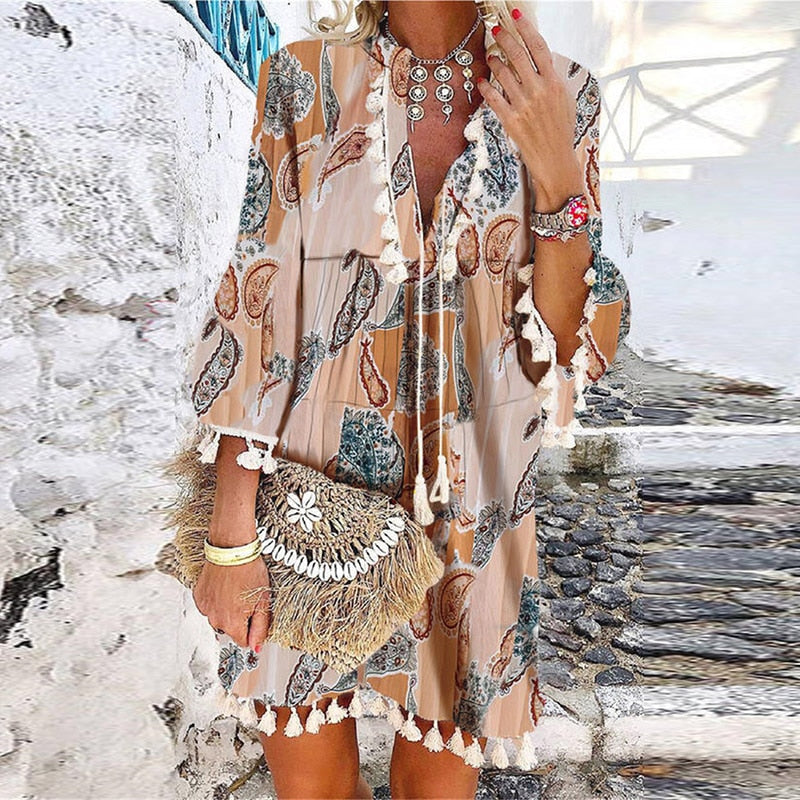 Tassel Beach V Neck Vintage Floral Print Dress