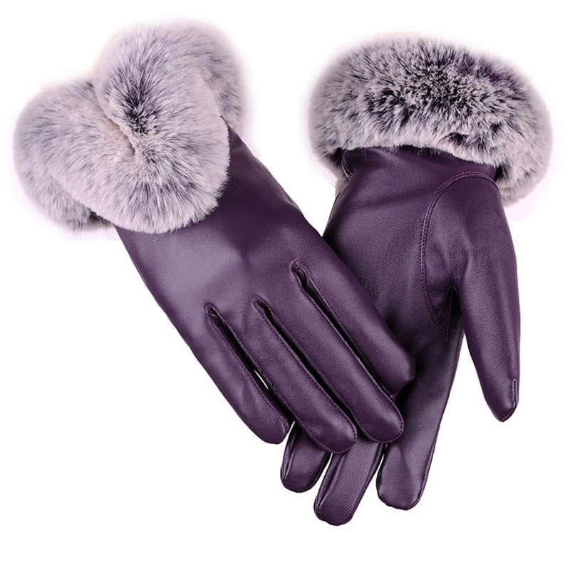 Female Faux Rabbit PU Leather Mittens Warm Gloves