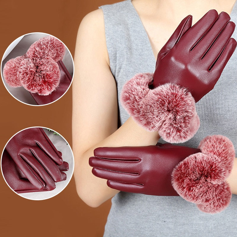 Female Faux Rabbit PU Leather Mittens Warm Gloves