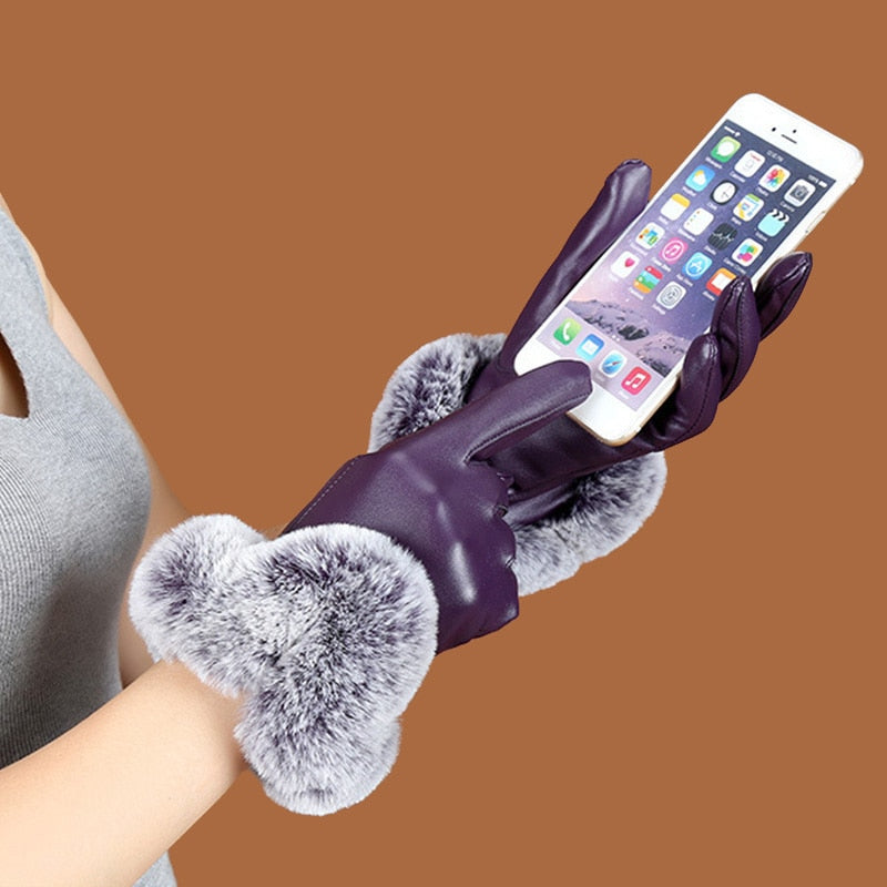 Female Faux Rabbit PU Leather Mittens Warm Gloves