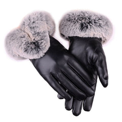 Female Faux Rabbit PU Leather Mittens Warm Gloves