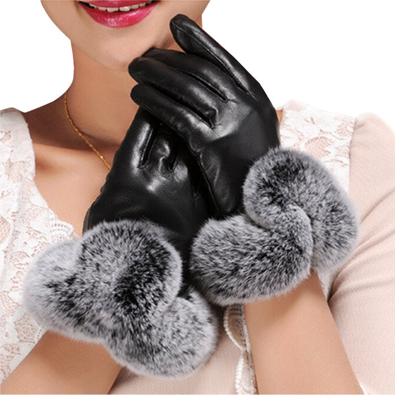 Female Faux Rabbit PU Leather Mittens Warm Gloves