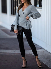 Tie Ribbed Batwing V neck Wrap Knit Sweater Tops