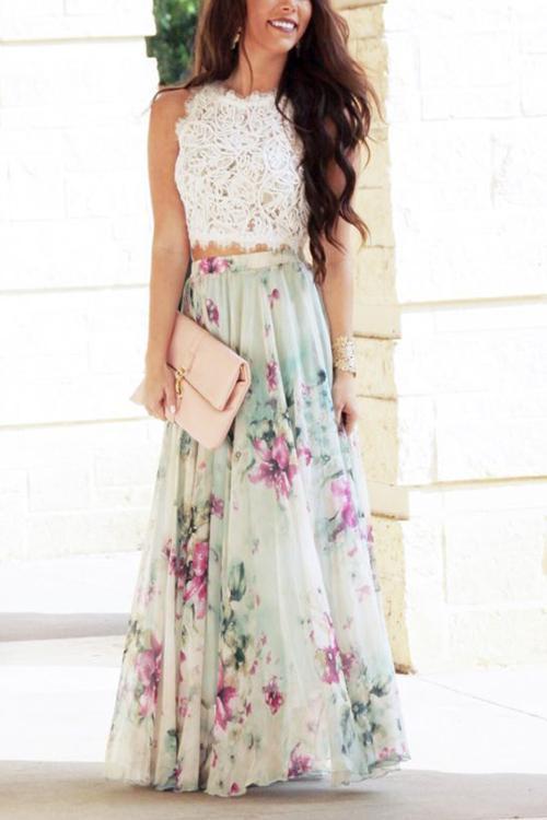 Floral Print Chiffon Maxi Skirts