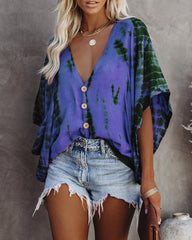 Button Down Deep V Neck Short Sleeve Oversized Top