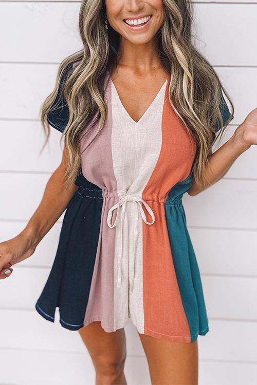 Colorful Stripe Drawstring V Neck Romper