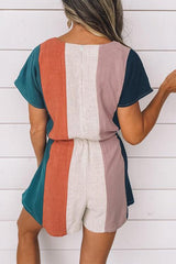 Colorful Stripe Drawstring V Neck Romper