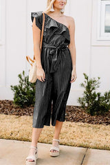 Stripe Ruffles One Shoulder Belted Jumpsuits