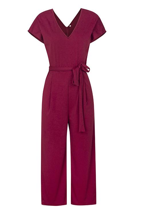 Solid Pockets V Neck Belted Jumpsuits