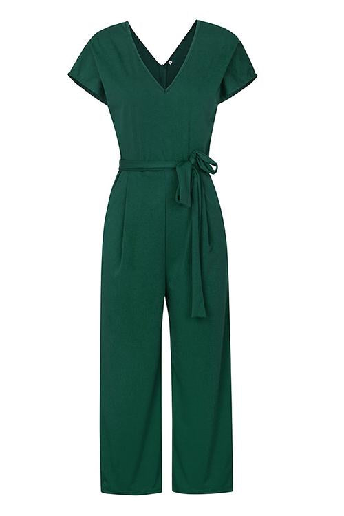 Solid Pockets V Neck Belted Jumpsuits
