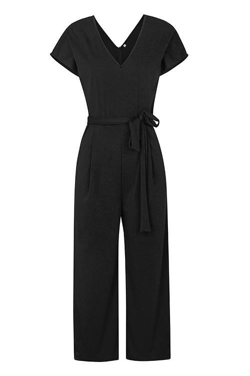 Solid Pockets V Neck Belted Jumpsuits