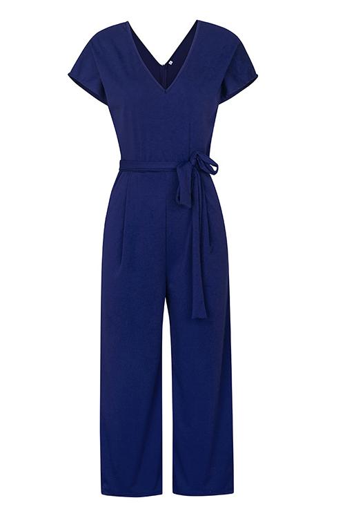 Solid Pockets V Neck Belted Jumpsuits