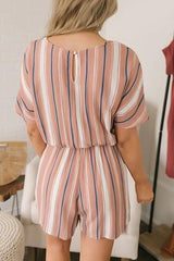 Stripe V Neck Drawstring Romper