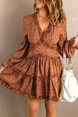 Brown Floral V Neck Dress