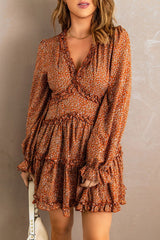 Brown Floral V Neck Dress