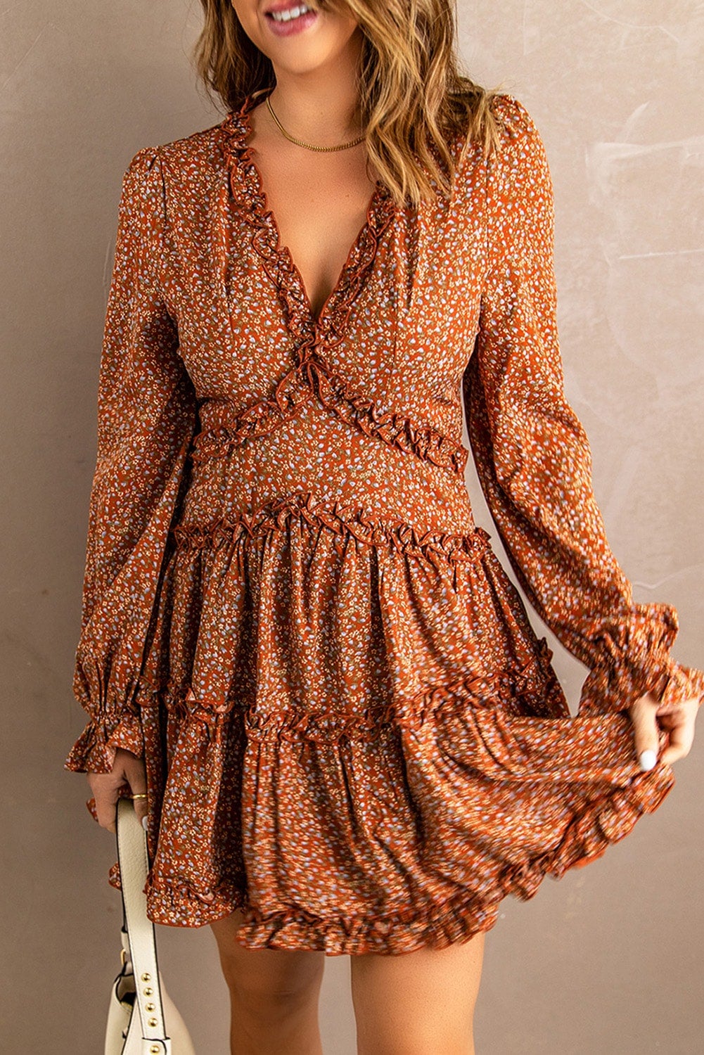 Brown Floral V Neck Dress