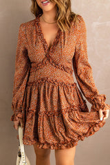 Brown Floral V Neck Dress