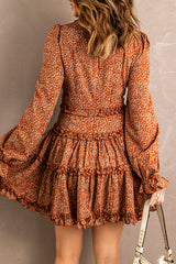 Brown Floral V Neck Dress