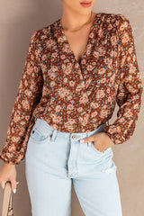 Brown Floral V Neck Blouse