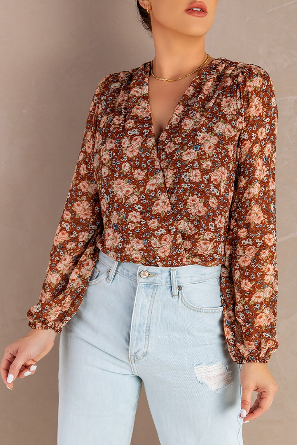 Brown Floral V Neck Blouse