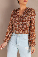 Brown Floral V Neck Blouse