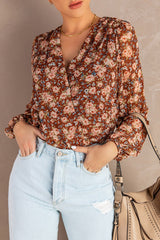 Brown Floral V Neck Blouse