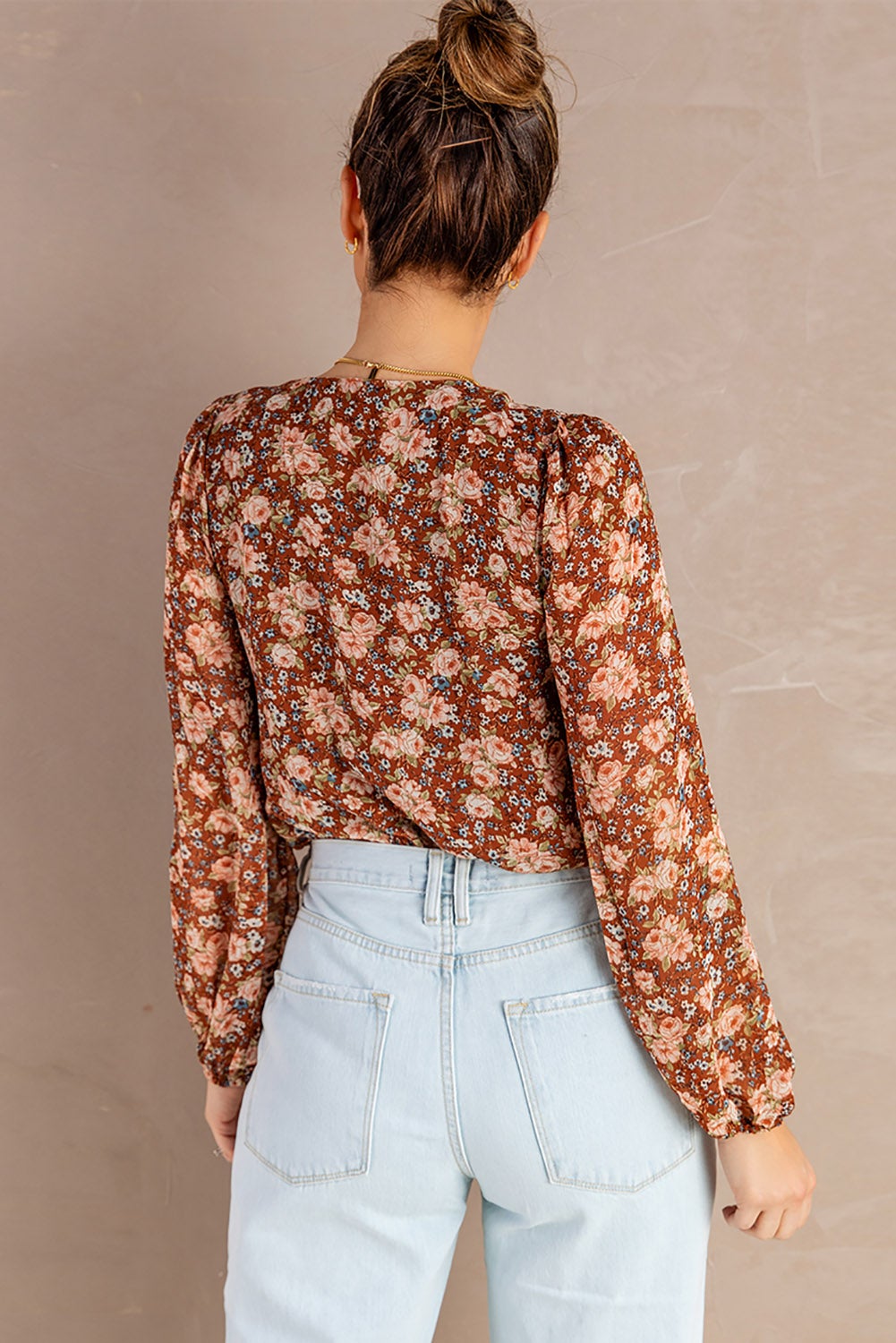 Brown Floral V Neck Blouse