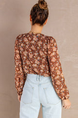 Brown Floral V Neck Blouse