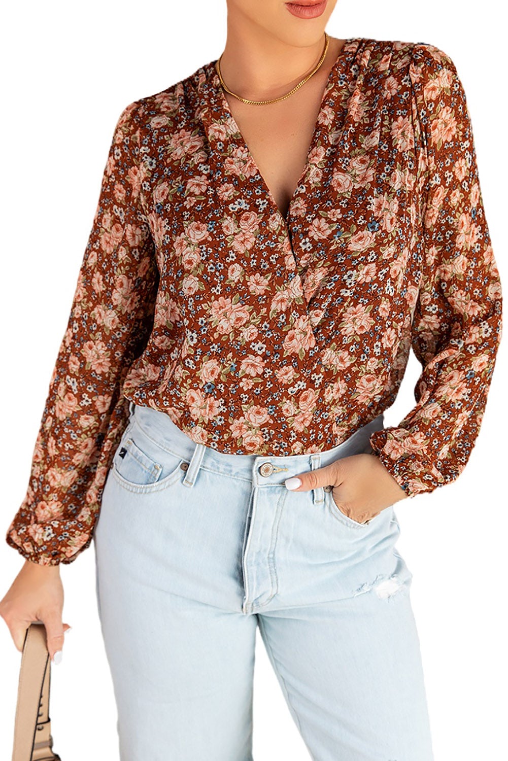 Brown Floral V Neck Blouse