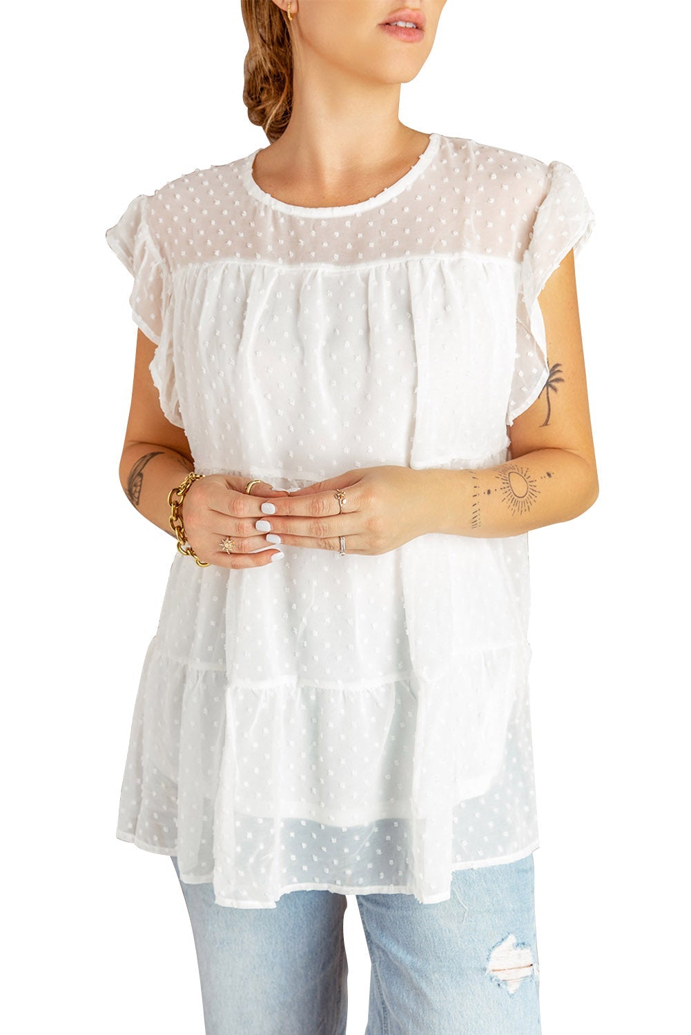 White Polka Dot Babydoll Top