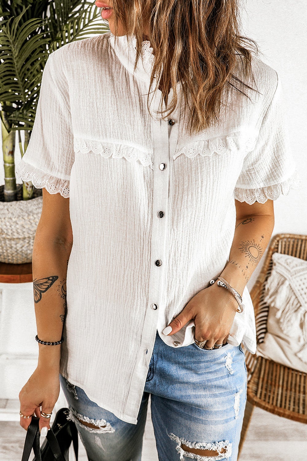 White Lace Short Sleeve Shirt