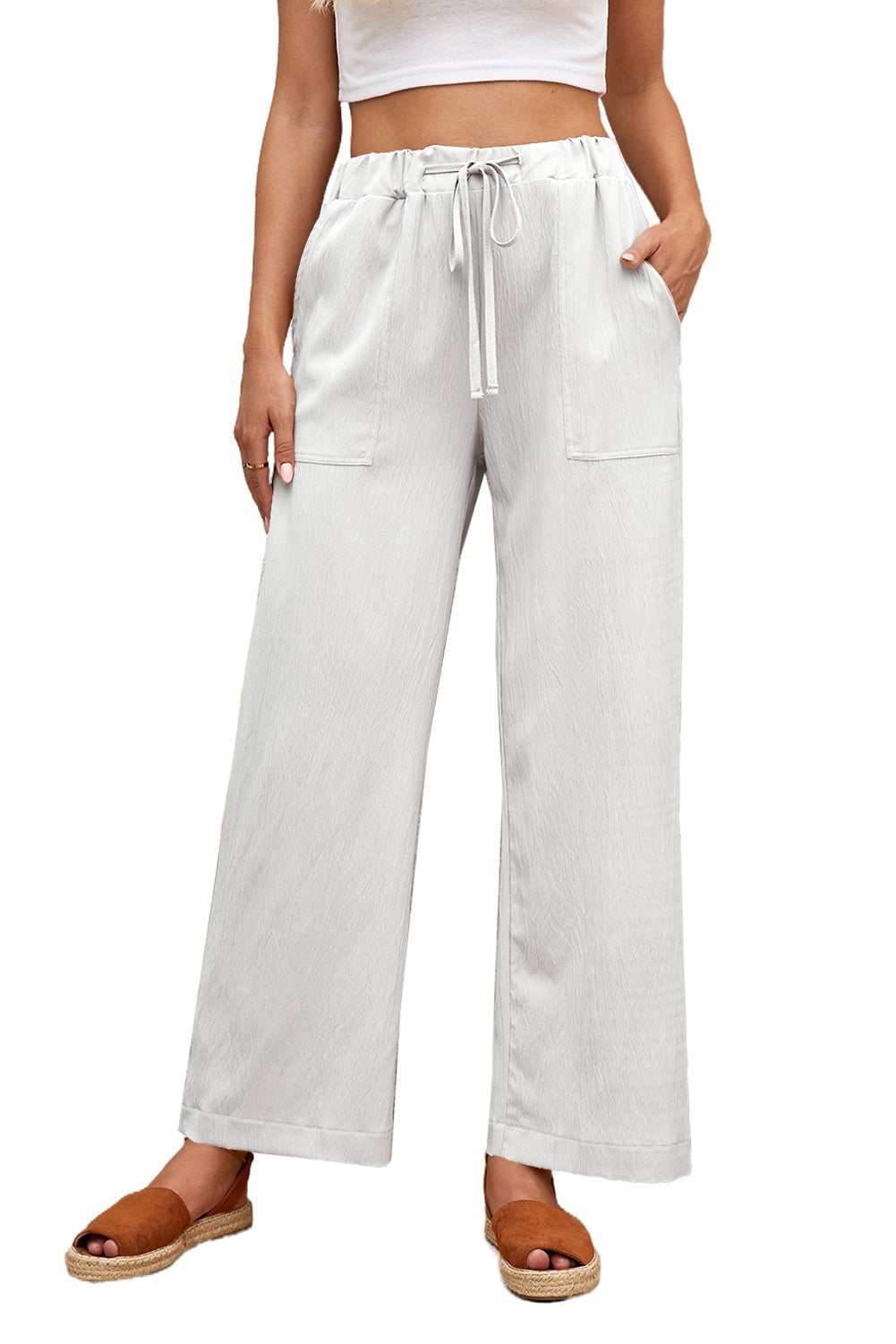 White Crinkled Wide Leg Pants