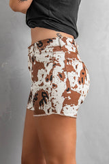 Brown Cow Print Denim Shorts
