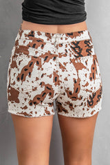 Brown Cow Print Denim Shorts