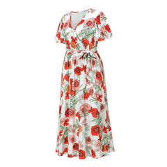 Casual V Neck Tie Waist Floral Maxi Dress