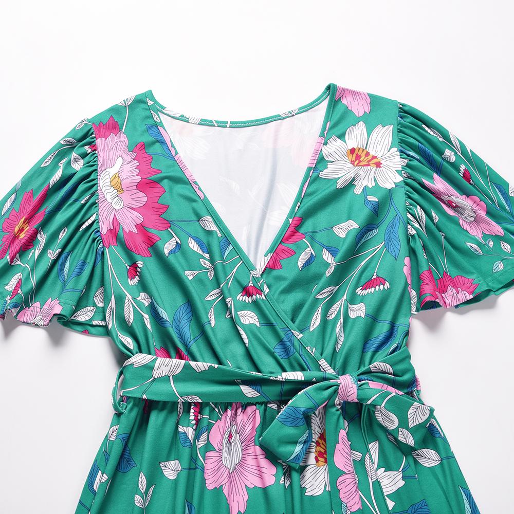 Casual V Neck Tie Waist Floral Maxi Dress