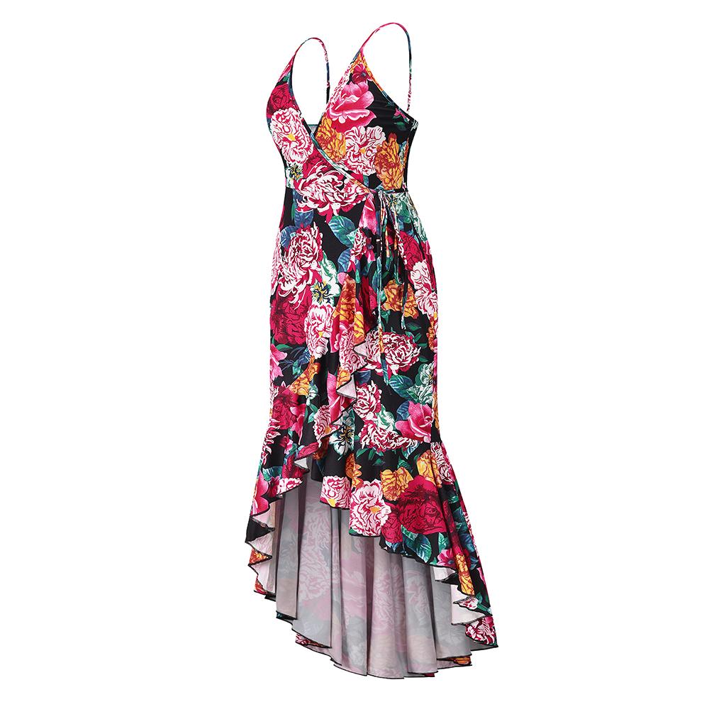 Spaghetti Strap V Neck High Low Floral Maxi Dress