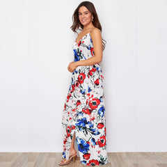 Spaghetti Strap Tie Waist Front Split Floral Maxi Dress
