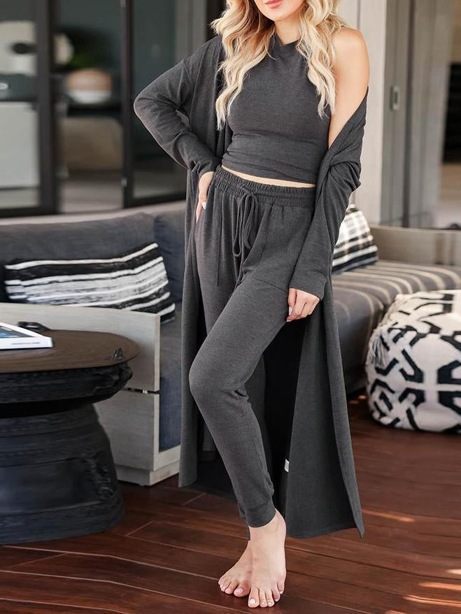 3 Piece Crop Top Long Pants Cardigan Loungewear Set