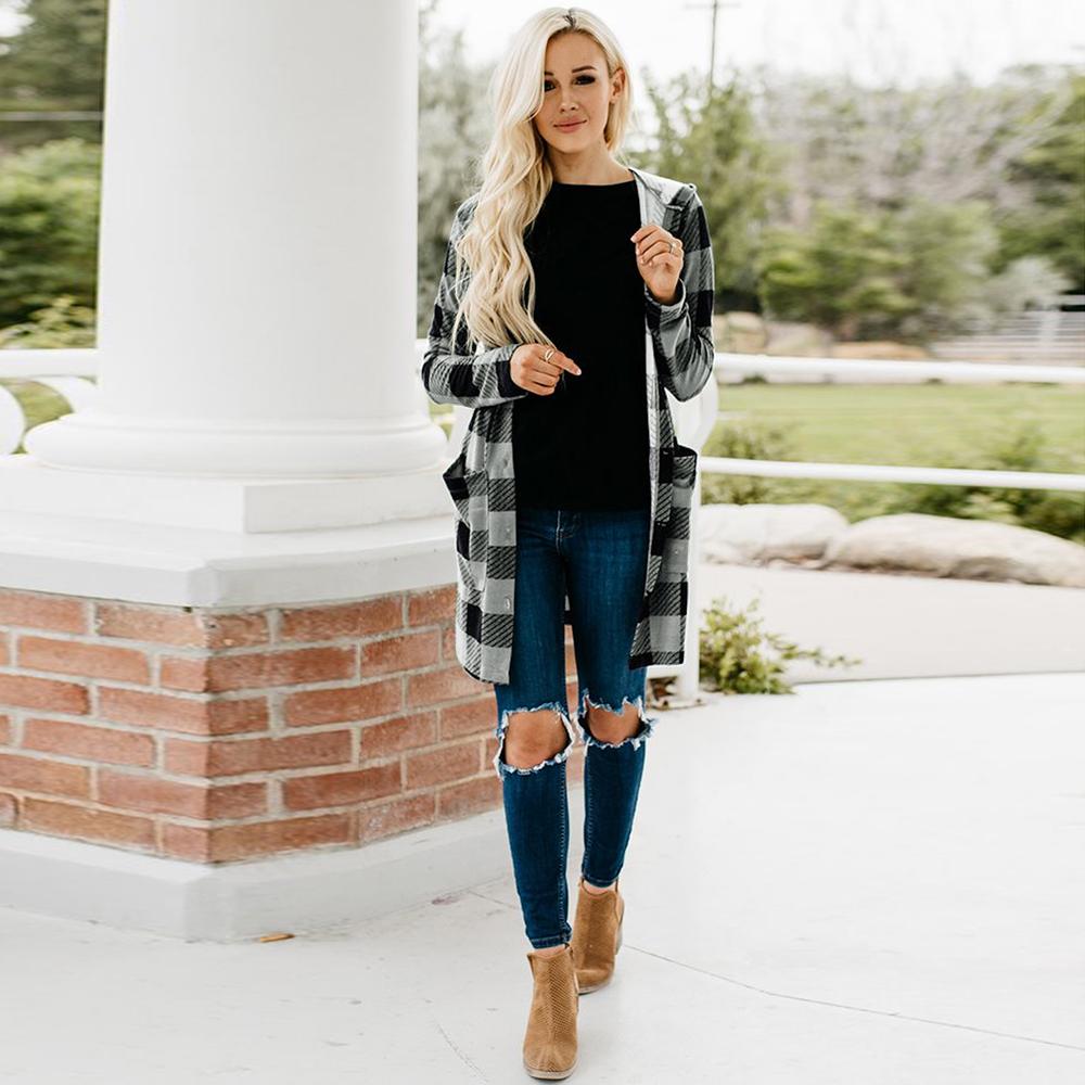 Long Sleeve Button Down Tartan Plaid Hoodie Front Pockets