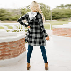 Long Sleeve Button Down Tartan Plaid Hoodie Front Pockets