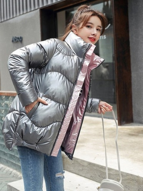 Light-Reflecting Thick Stand-Collar Padded Oversized Coat