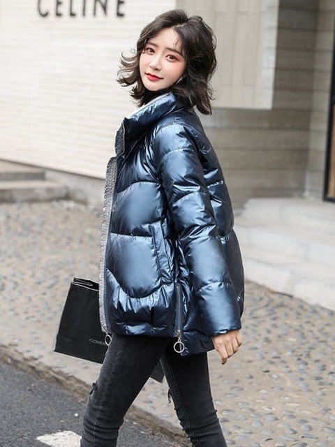 Light-Reflecting Thick Stand-Collar Padded Oversized Coat