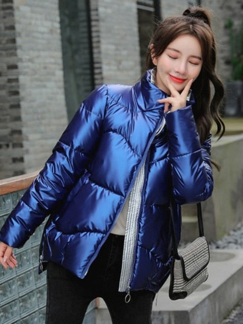 Light-Reflecting Thick Stand-Collar Padded Oversized Coat