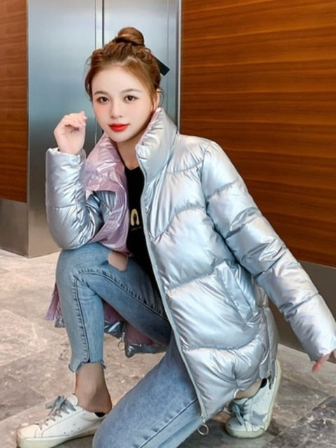 Light-Reflecting Thick Stand-Collar Padded Oversized Coat